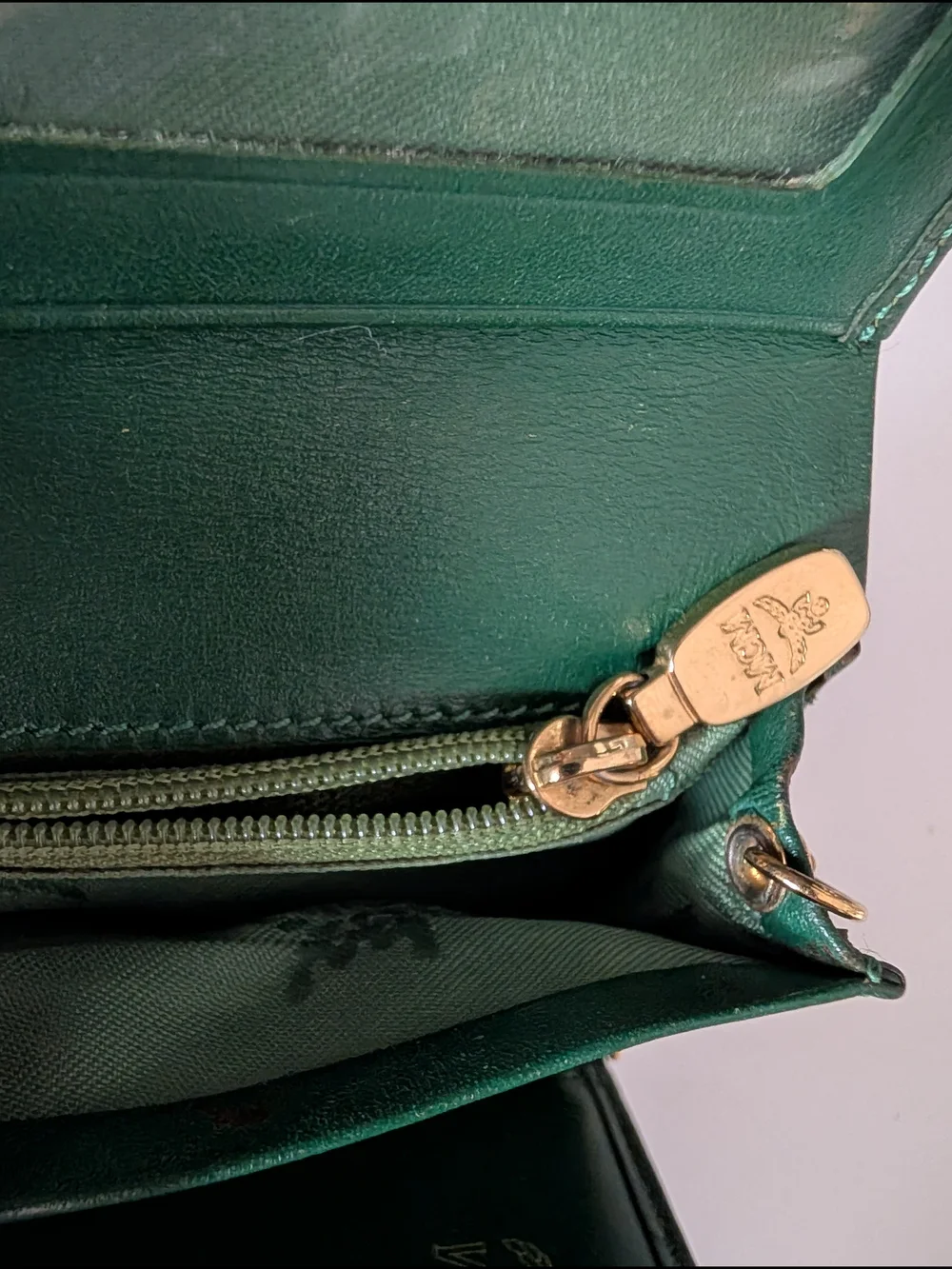 Vintage MCM München Green Leather Trifold Wallet and Gold Charms